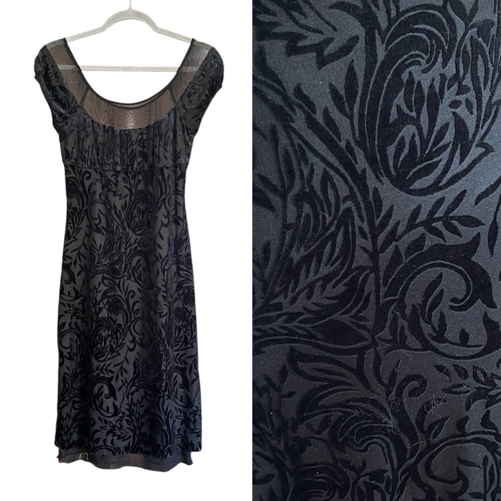 Vintage Betsey Johnson New York Black Sheer Mesh Velvet Burnout Milkmaid Dress